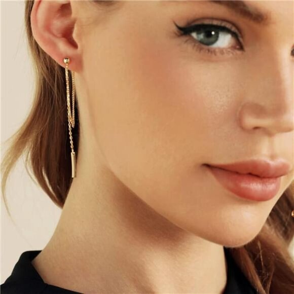 Chain Earrings for Women 18K Gold Plated Dainty Bar Drop Dangle Earrings - Picture 3 of 7